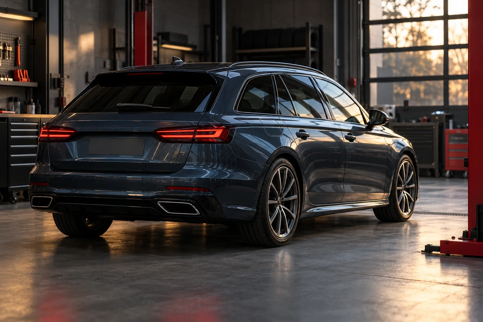 AI-generated concept of an unbranded graphite wagon in an understated independent workshop